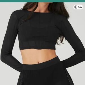 ALO Yoga Black Cropped Mesh Long Sleeve Top